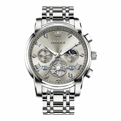 🌟 OLEVS Großes Analog Herrenuhren Metallarmband Quarz Edelstahl Herren Armbanduhr mit Mondphase Leuchtende Chronograph Wasserdicht Uhr Geschenke für Männer 2856 Grau / Silber 🌟