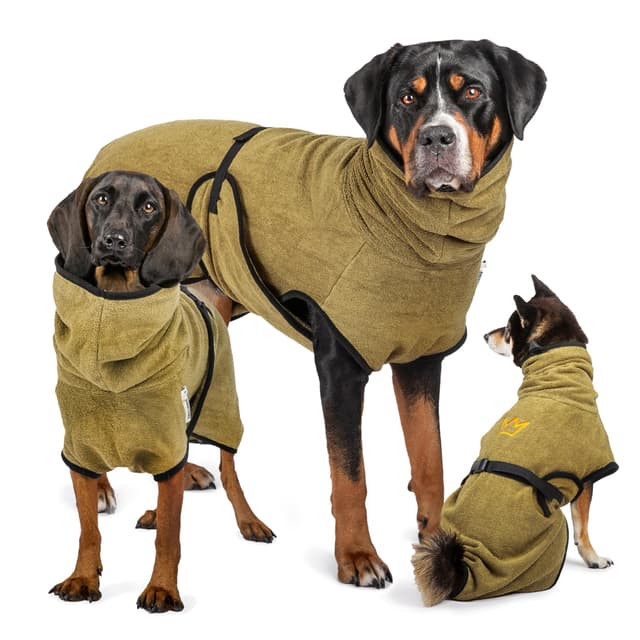 Rudelkönig Hundebademantel aus 100% Baumwolle 🐾 Saugstarker Bademantel Hund klein 🐶 Kuscheliger Hunde Bademantel für kleine Hunde S Khaki
