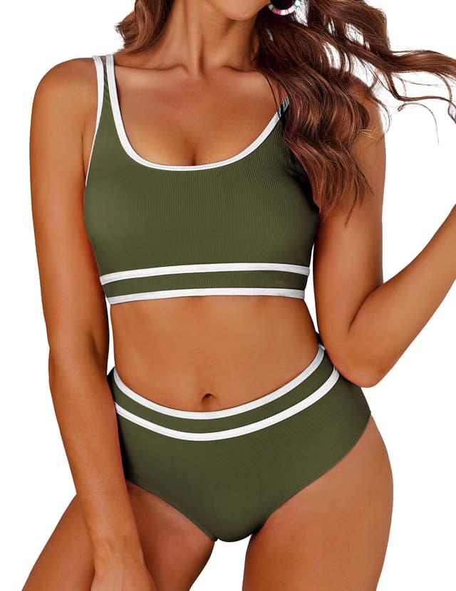 👙 AI'MAGE Bikini Damen Set Badeanzug Bauchweg Sport Bikini-Sets High Waist Bademode Push Up Gerippt Olivgrün M 🌊