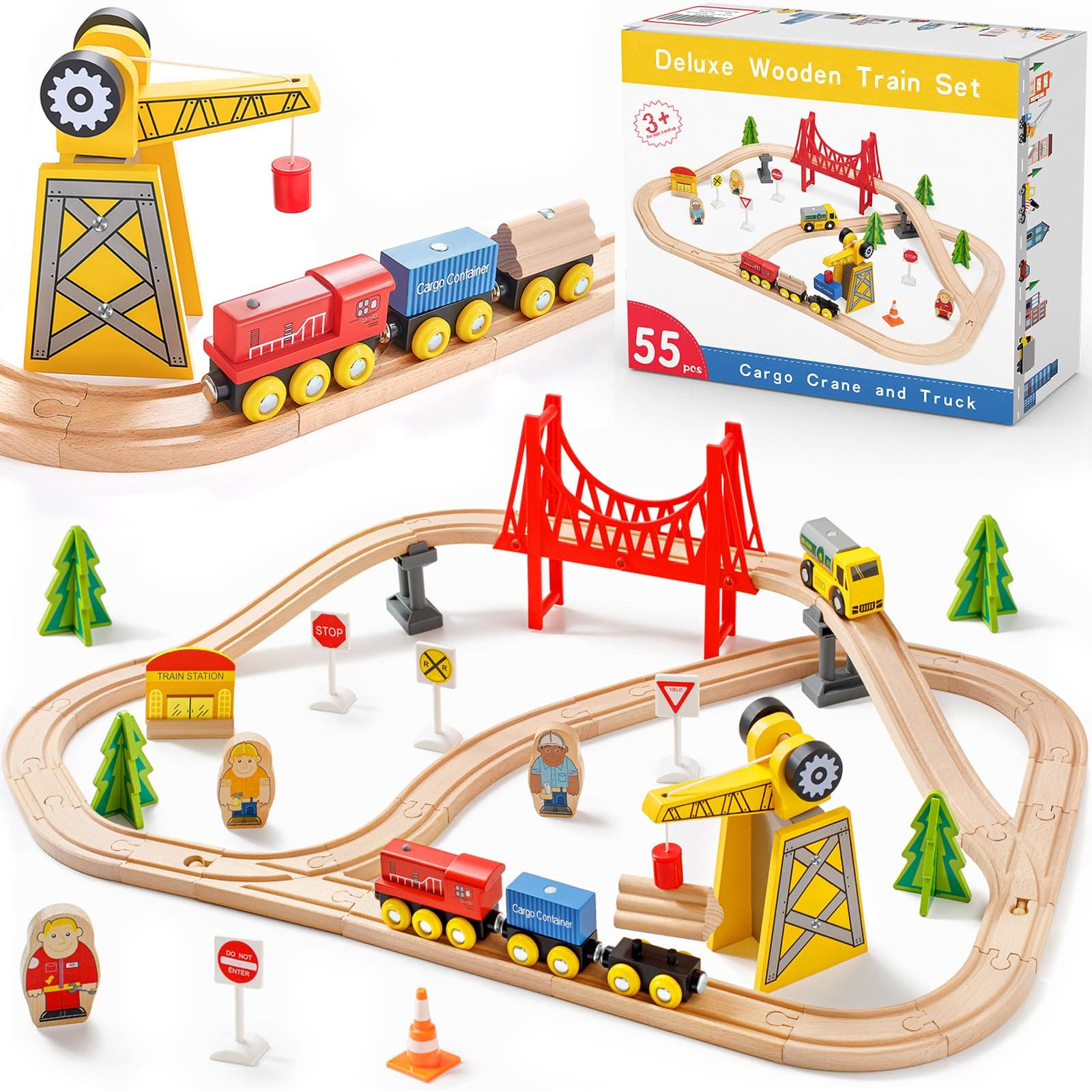 🚂 Tiny Land 55Pcs Holzeisenbahn Set 🚧 Eisenbahn Holz für Kinder 👶🏼🧸