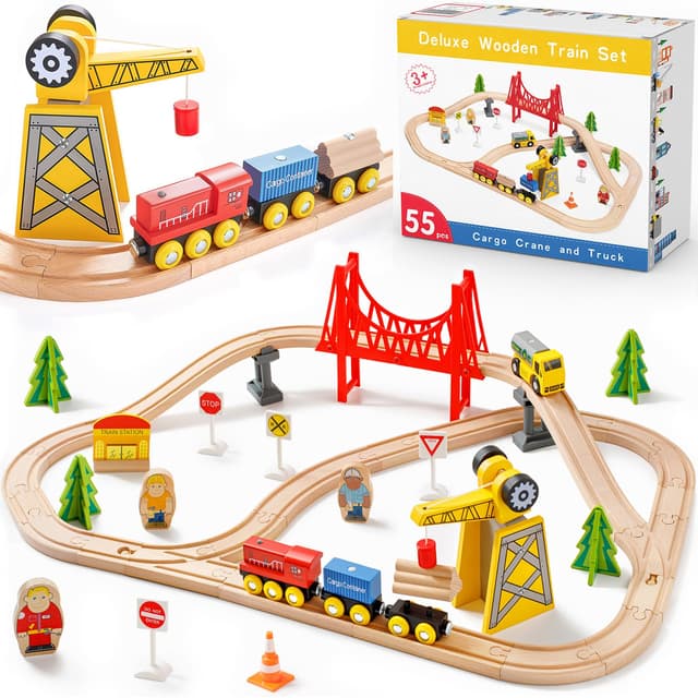 🚂 Tiny Land 55Pcs Holzeisenbahn Set 🚧 Eisenbahn Holz für Kinder 👶🏼🧸
