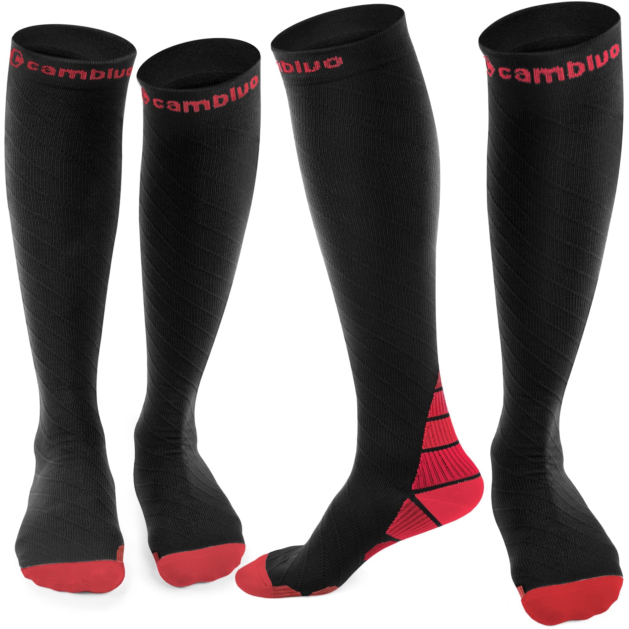 🧦 CAMBIVO Kompressionsstrümpfe Damen und Herren 2 Paar, Kompressionssocken Stützstrümpfe für Laufen, Sport, Flug, Reise, Radsport L-XL Schwarz & Rot 🏃‍♂️