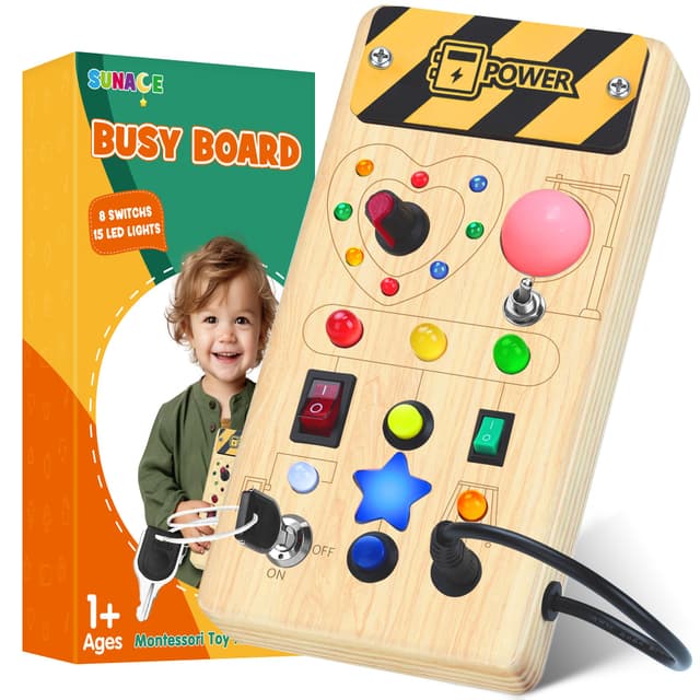Montessori Busy Board - Holzspielzeug mit LED-Lichtern und Schaltern
