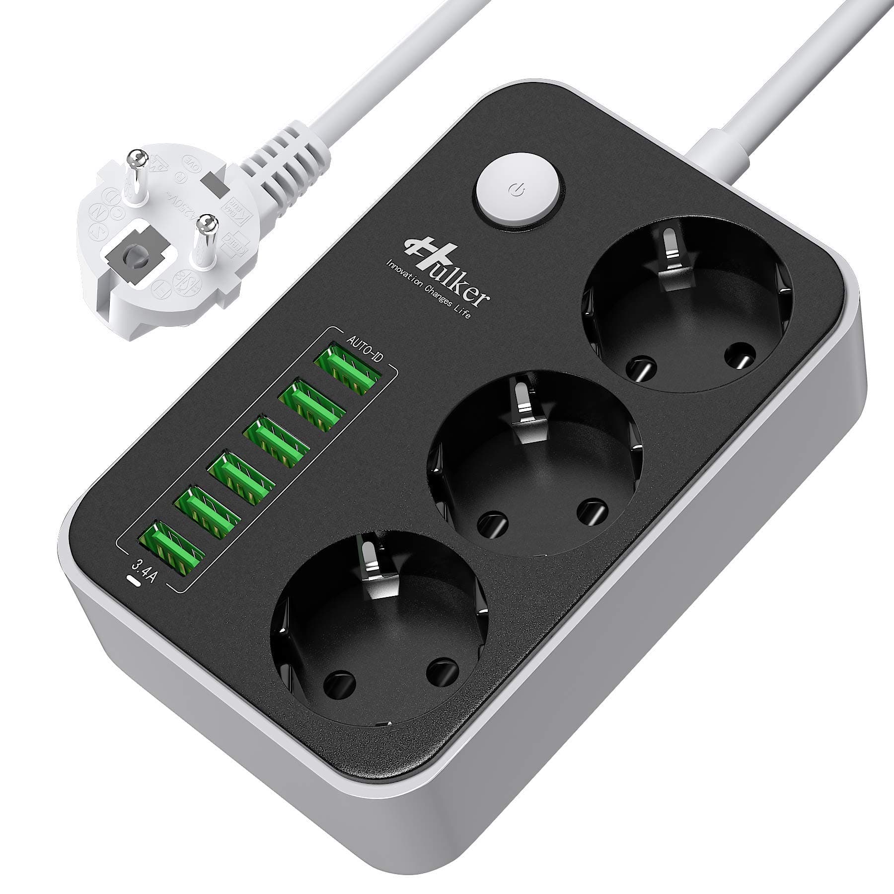 🔌🔋 Mehrfachsteckdose HULKER Steckdosenadapter 3 Fach/Steckdosen 6 USB -Anschlüsse