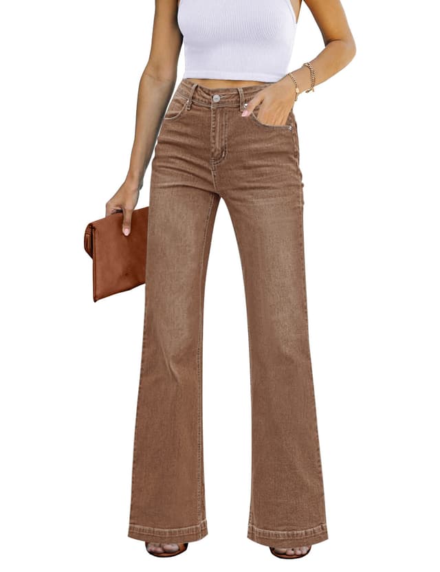 👖 Schlaghose Damen High Waist Wide Leg Baggy Jeans Stretch Hosen L Pekannussbraun