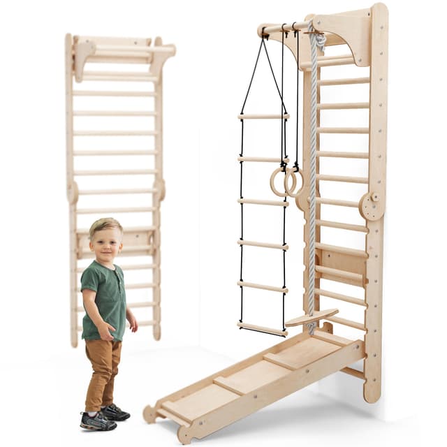 🌟 6-in-1 Holz Schwedenwand & Rutschensatz - Vielseitiges Indoor Kletterdreieck Set für Kinder 🌈