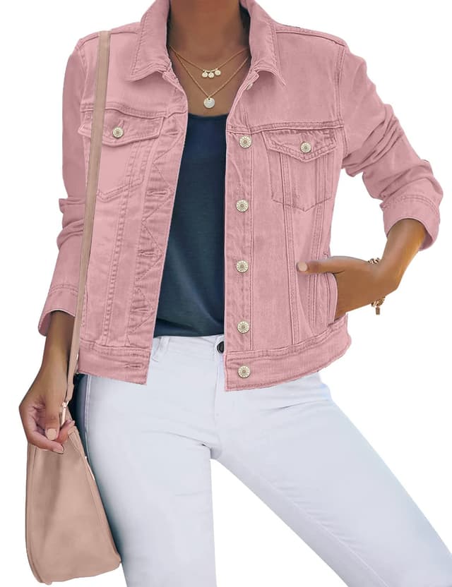 👖🌸 Roskiky Jeansjacken Damen Jean Stretchy Langarm Trucker Jacke mit Tasche XXL Rosa - Angebot