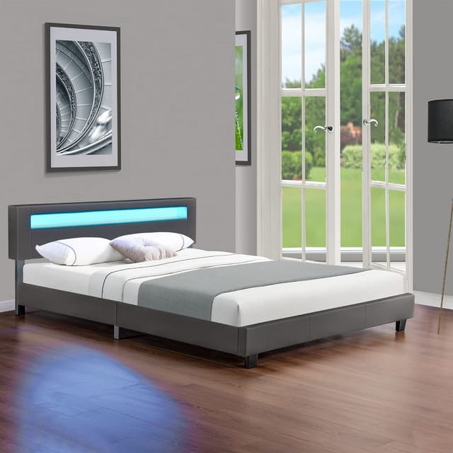 🛏️ Juskys Polsterbett Paris 180x200 cm mit LED Beleuchtung, Lattenrost & Kopfteil - Kunstleder & Holz - grau