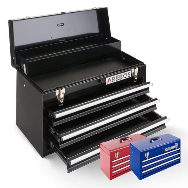 🔧🧰 Arebos Werkzeugkoffer mit 3 Schubladen & 2 Ablagefächern 52 x 22 x 30,5 cm | Schwarz 🛠️🔒