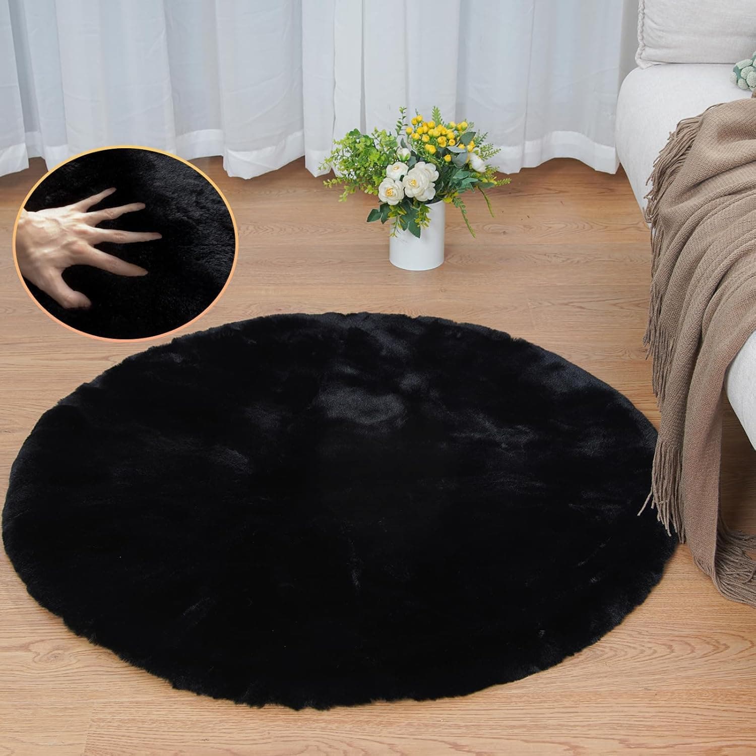 ORINOVA Teppich Rund Schwarz Flauschig 90 cm Schlafzimmer Kunstfell 🌟 Runder Teppich Fellteppich Wohnzimmer Waschbar Bettvorleger 🖤