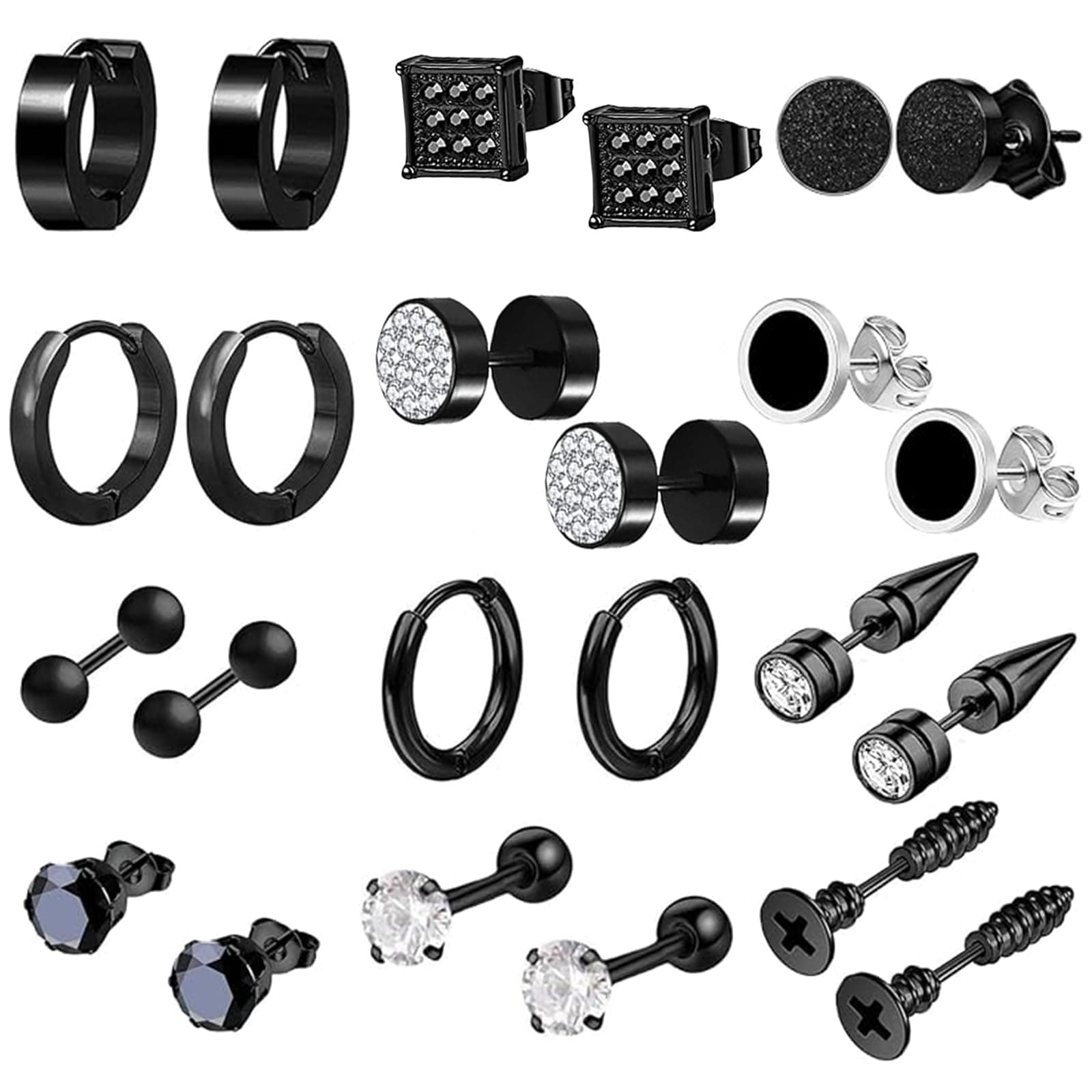 12 Paar Herren Edelstahl Ohrringe Set Schwarz 😎 Hypoallergen Zirkonia Creolen Piercing Knorpel