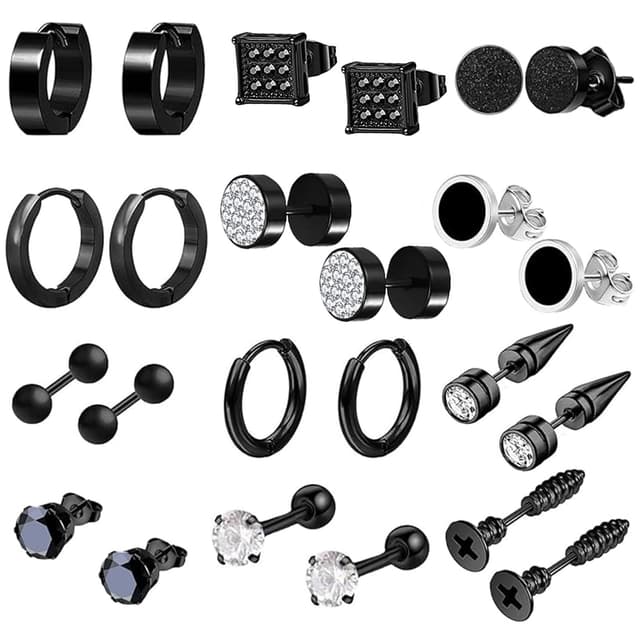 12 Paar Herren Edelstahl Ohrringe Set Schwarz 😎 Hypoallergen Zirkonia Creolen Piercing Knorpel