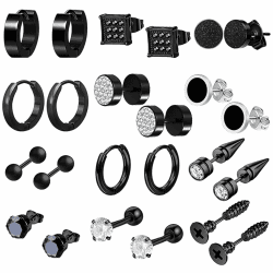 12 Paar Herren Edelstahl Ohrringe Set Schwarz 😎 Hypoallergen Zirkonia Creolen Piercing Knorpel