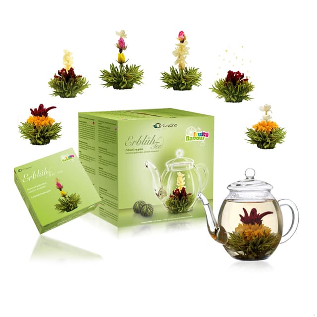 Angebot: Creano Teeblumen Geschenkset Erblühtee mit Glaskanne 🍵🌹 - Grüner Tee fruchtig aromatisiert (Teerosen in 6 Sorten)