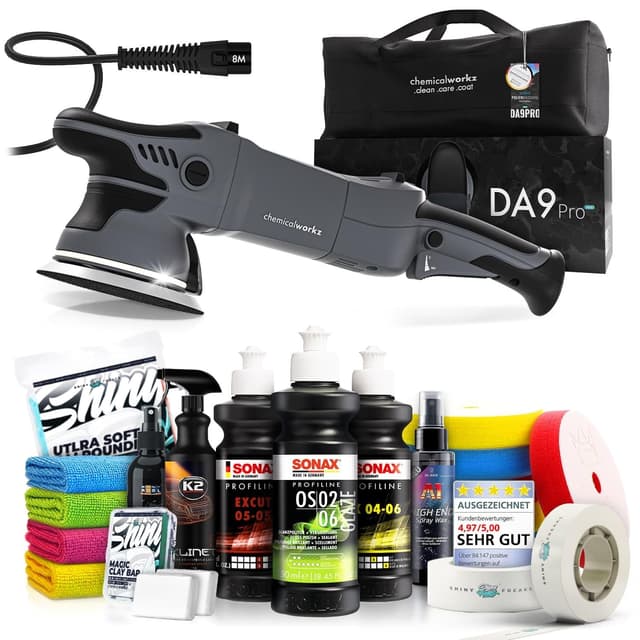 Poliermaschinen Set: chemicalworkz DA9 Pro Max Exzenter Poliermaschine + Sonax Politur Set + Royal Pads Premium Polierpads + Dr. Wack Versiegelung für Lack + Zubehör | 20-teilig Sonax ALL-INCLUSIVE 🥇