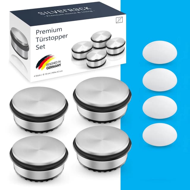 SilverRack® Türstopper Edelstahl [4 Stück] + 4 extra Wand Türstopper - Premium Tür Stopper ohne Bohren 1,1kg - Schwerer Türstopper Boden - 10x4,5cm Door Stopper 4 Stück 01 Edelstahl Silber - Stainless Steel | Poliert