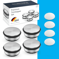 SilverRack® Türstopper Edelstahl [4 Stück] + 4 extra Wand Türstopper - Premium Tür Stopper ohne Bohren 1,1kg - Schwerer Türstopper Boden - 10x4,5cm Door Stopper 4 Stück 01 Edelstahl Silber - Stainless Steel | Poliert