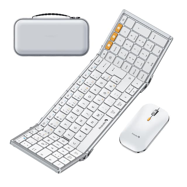 ProtoArc XKM01 Faltbare Tastatur und Maus | Bluetooth Tastatur Klappbar 🌟 | Ziffernblock 🖱️ | QWERTZ-Layout - Weiß und Silber