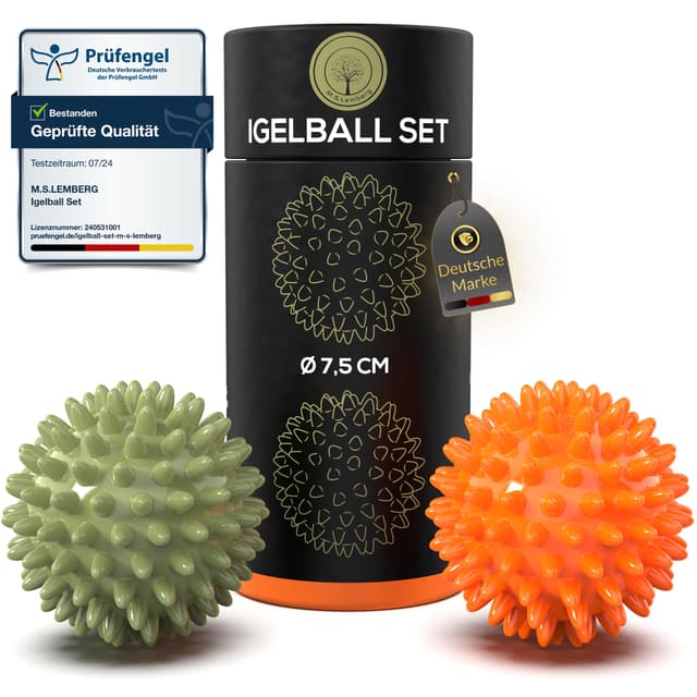 M.S.Lemberg® Igelball Massage Set - Massageball für Reflexzonen, Anti-Stress, Entspannung Geschenk - Noppenball Fußmassage Rücken Nacken Hand Fuß - Ball mit Noppen klein - hart & mittel-weich Igelball Set