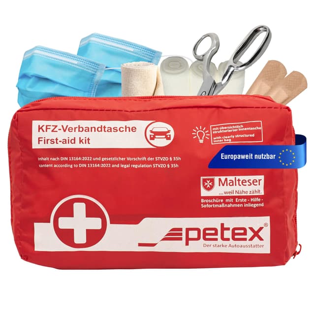 🚑 PETEX 43930012 Verbandtasche Inhalt nach DIN 13164, rot Single Rot 🩹