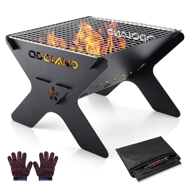 Odoland Camping-Feuerstelle | Tragbarer Holzfeuergrill & Kochplatte 🔥 | 2-in-1 Camping-Grill | Mit Tragetasche | 29x29x20 cm
