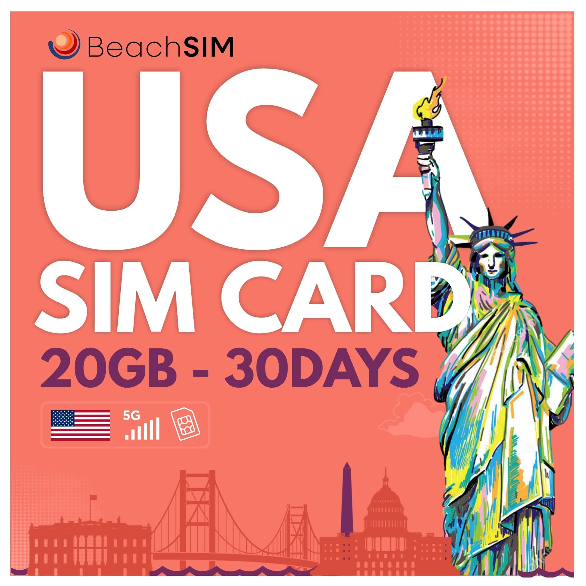 🏖️ BeachSIM USA SIM-Karte 30 Tage. 20GB Daten mit 4G/5G Geschwindigkeit 📱