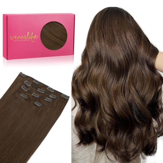 WENNALIFE Clip in Extensions Echthaar, 80g 5pcs 45cm Schokoladenbraun 💇‍♀️