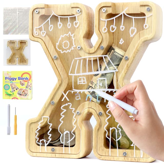🎁 Lakpopya Spardose für Kinder Jungen Mädchen - Personalisiert Durchsichtig mit Buchstabe Holz A-Z