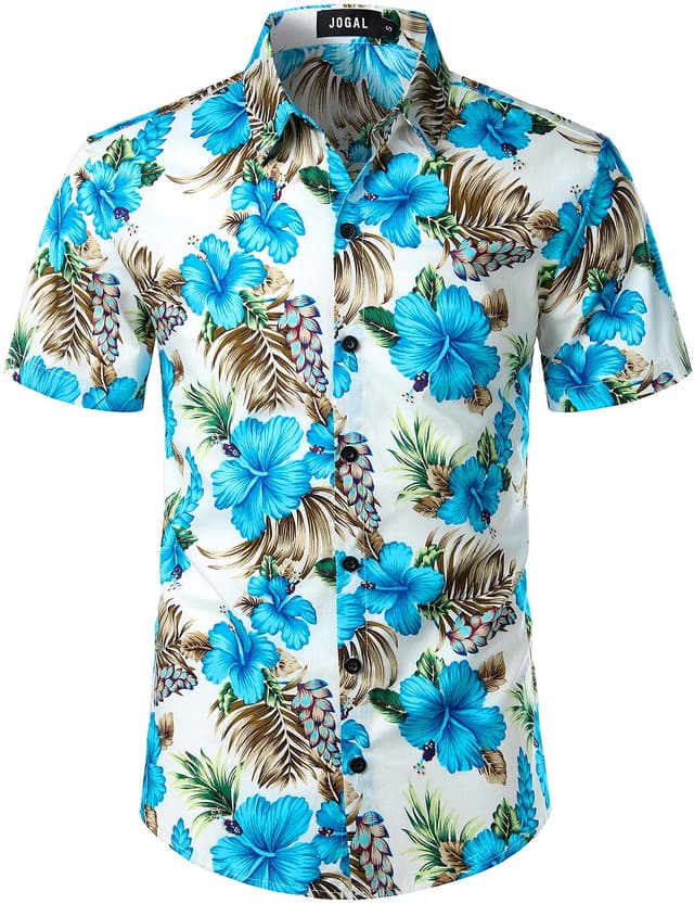 🌺 JOGAL Herren Blumen Kurzarm Hemd L Blau Hibiskus 🌴