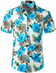 🌺 JOGAL Herren Blumen Kurzarm Hemd L Blau Hibiskus 🌴