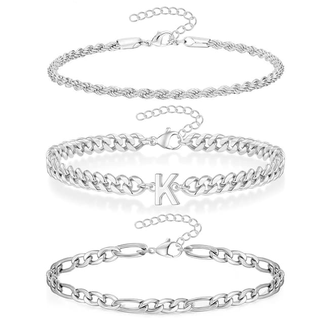 3 Stück Armband Herren mit Buchstaben, Silber Edelstahl Panzerkette Armband Männer 🎁