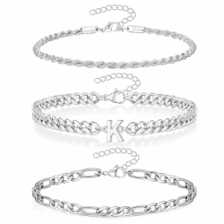 3 Stück Armband Herren mit Buchstaben, Silber Edelstahl Panzerkette Armband Männer 🎁