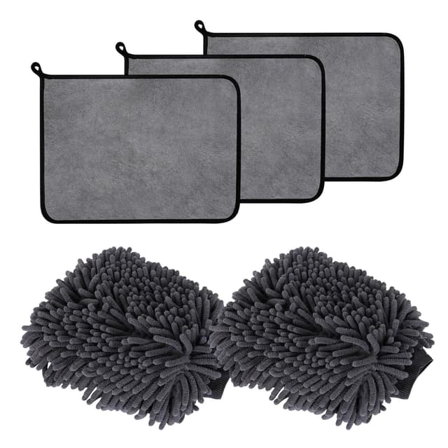 🚗🧼 POHOVE Autopflege Set - 3 Stück Mikrofasertücher & 2 Stück Waschhandschuh Auto 🧽🧴