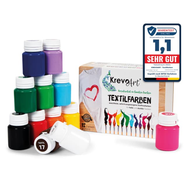 Krevo Art Stoffmalfarben Textilfarben WASCHFEST | Set aus 12 x 20ml Stofffarben in Fläschchen