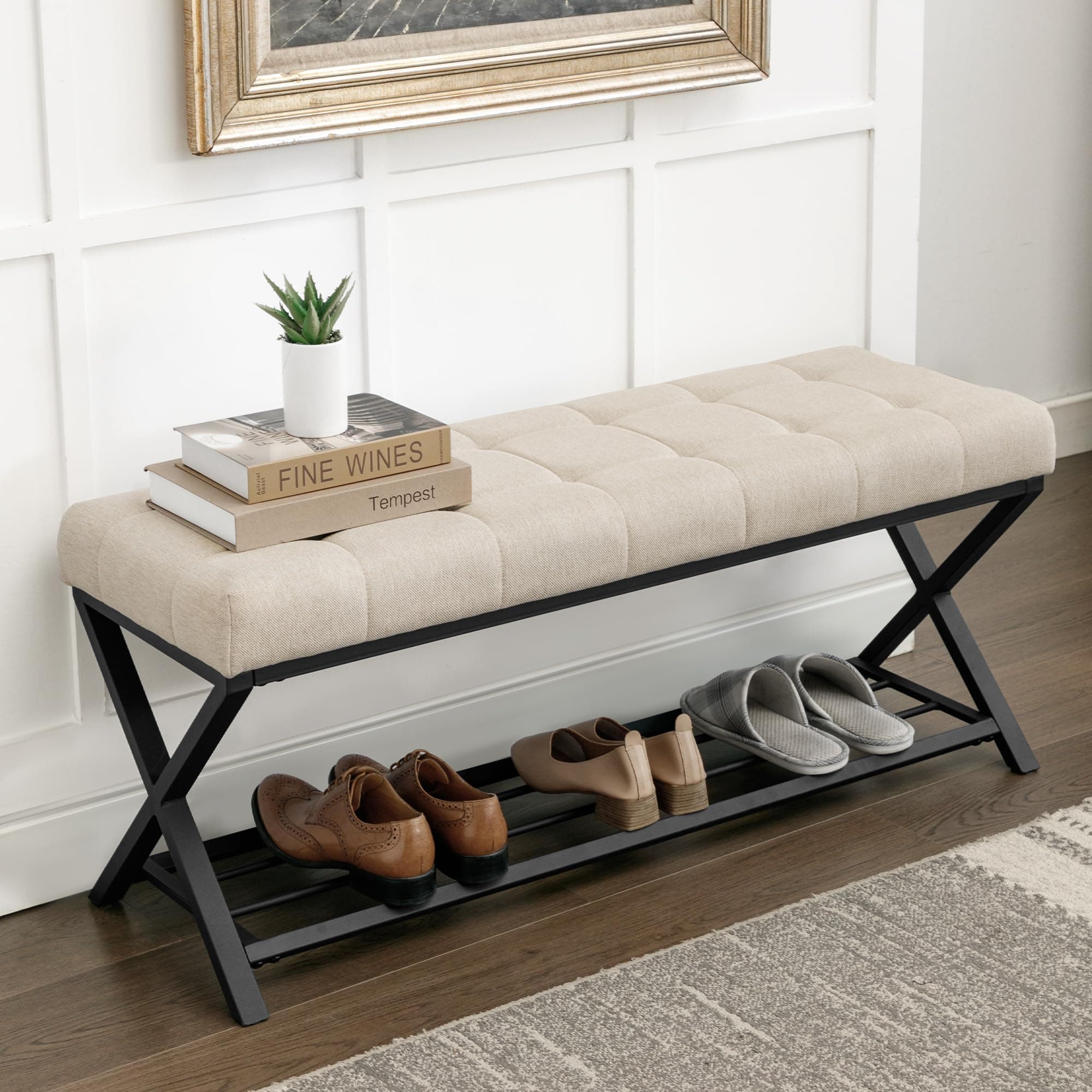 👟 LUE BONA Schuhbank mit Sitzfläche und Leinen Gepolstertem - Modernes Design für Flur und Wohnzimmer