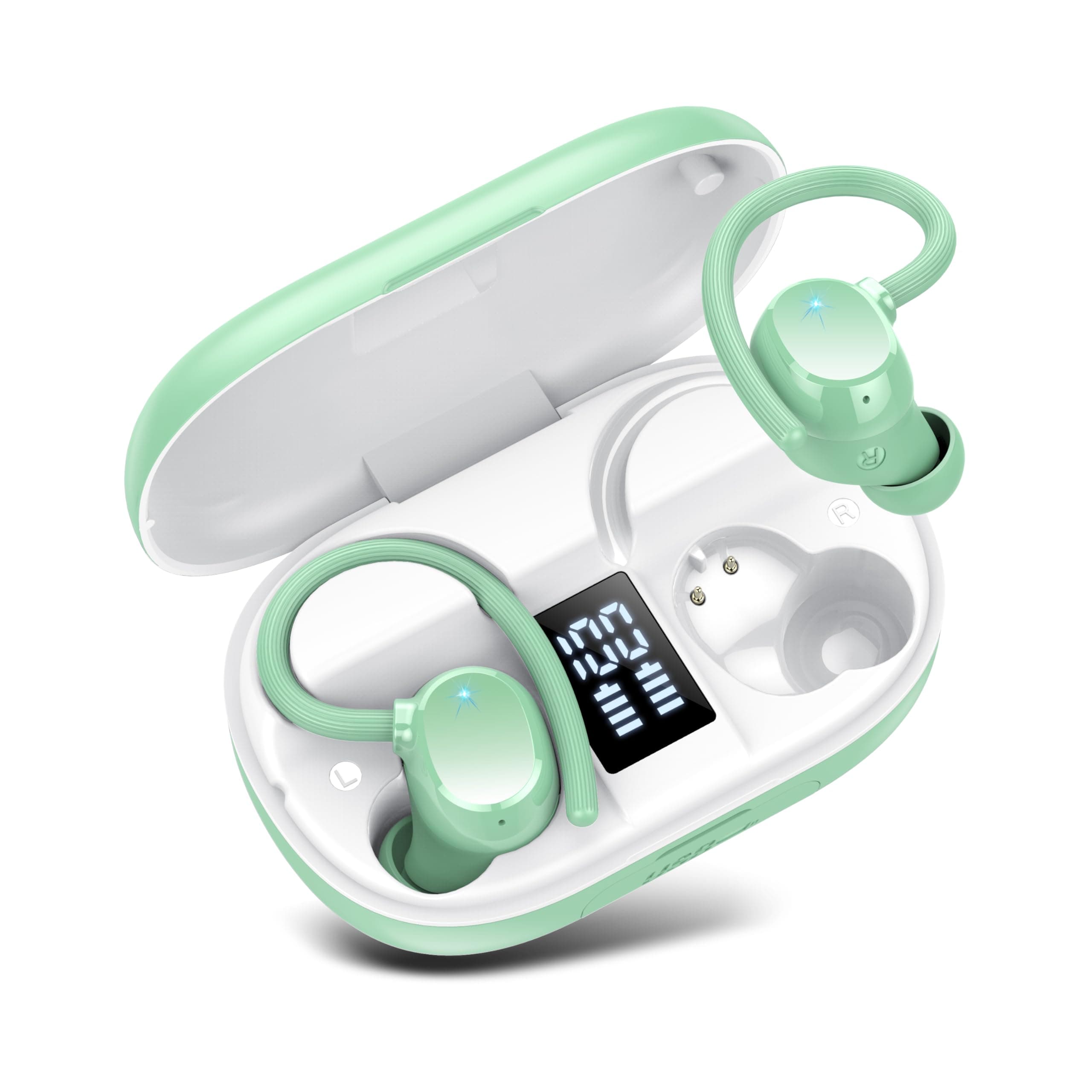Bluetooth Kopfhörer Sport, In Ear Kopfhörer Kabellos mit Mikrofon 🎧 128 Std Spielzeit, IP7 Wasserdicht, LED-Anzeige - Hellgrün
