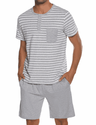 🌙 Leversic Schlafanzug Herren Kurz aus Baumwolle mit Kontraststreifen Design 4XL 205-grau