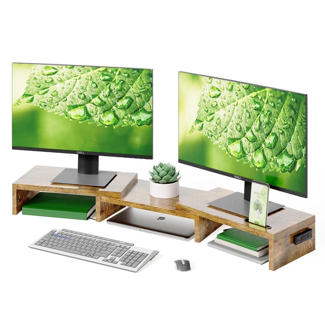 🌟 BONTEC Monitorständer Holz 🌟 Dual Monitor Stand Riser mit Handyhalter