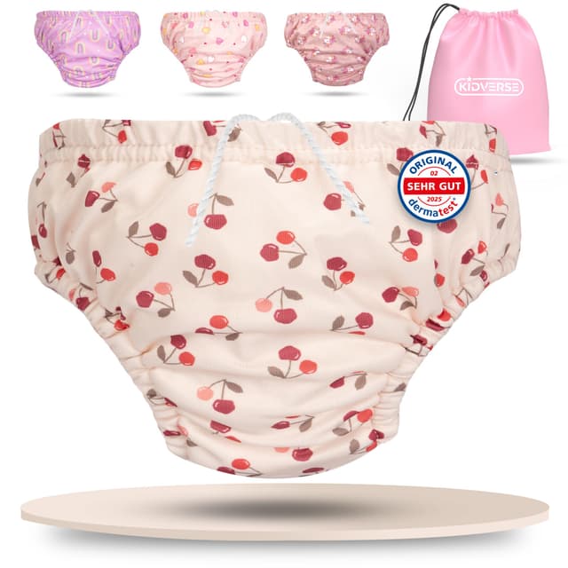 👶🏊 KIDVERSE Schwimmwindel Baby Badehose ab 6 bis 12 Monate - Hautfreundliche Schwimmwindeln wiederverwendbar & saugstark - Badewindel Baby Schwimmhose inklusive Tragetasche Cherries M