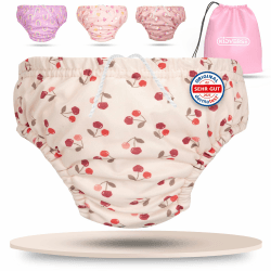 👶🏊 KIDVERSE Schwimmwindel Baby Badehose ab 6 bis 12 Monate - Hautfreundliche Schwimmwindeln wiederverwendbar & saugstark - Badewindel Baby Schwimmhose inklusive Tragetasche Cherries M