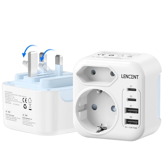 🔌🌍 LENCENT Klappbarer Adapter England Deutschland Stecker | UK Reiseadapter 6-in-1 mit USB-C | Typ G für Großbritannien