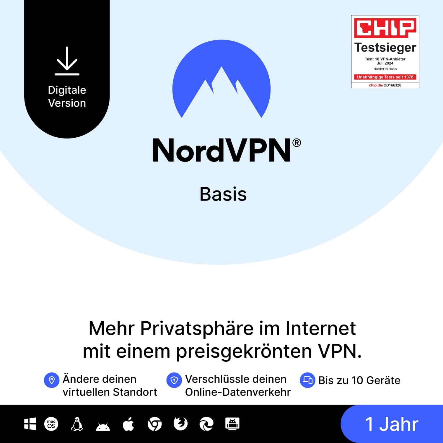 NordVPN Basis, 10 Geräte, 1 Jahr, Premium-VPN-Software, Digitaler Code Digitale Lieferung NordVPN Basis 1-Jahres-Abo