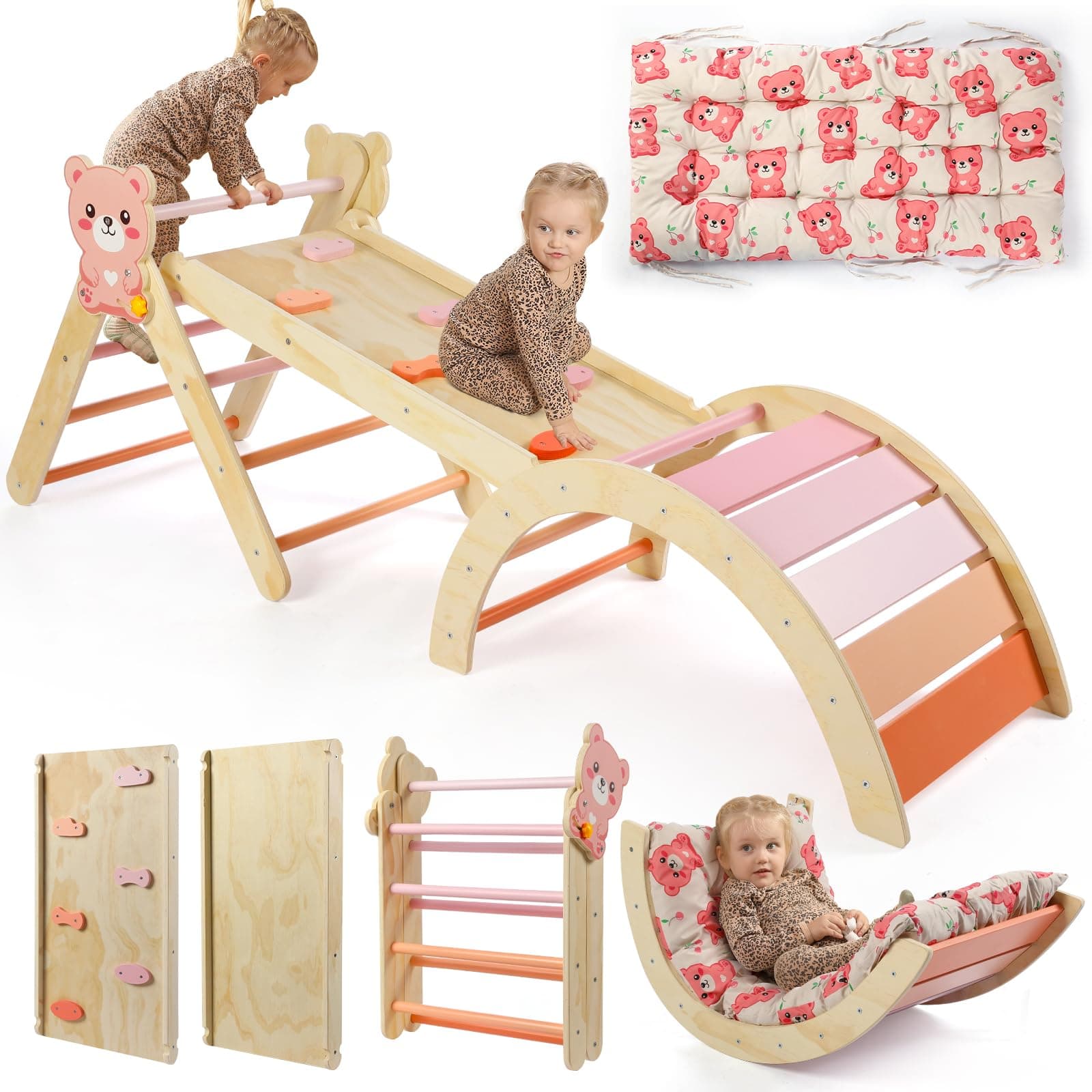 🐻 7-in-1 Montessori Kletterdreieck Set mit Rutsche, Kletterbogen & weichem Kissen
