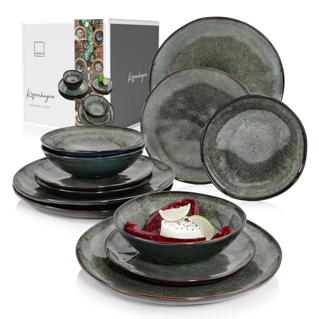 SÄNGER | Teller Set Kopenhagen 12 tlg, Steingut Geschirr Set 4 Personen 🍽️🍵