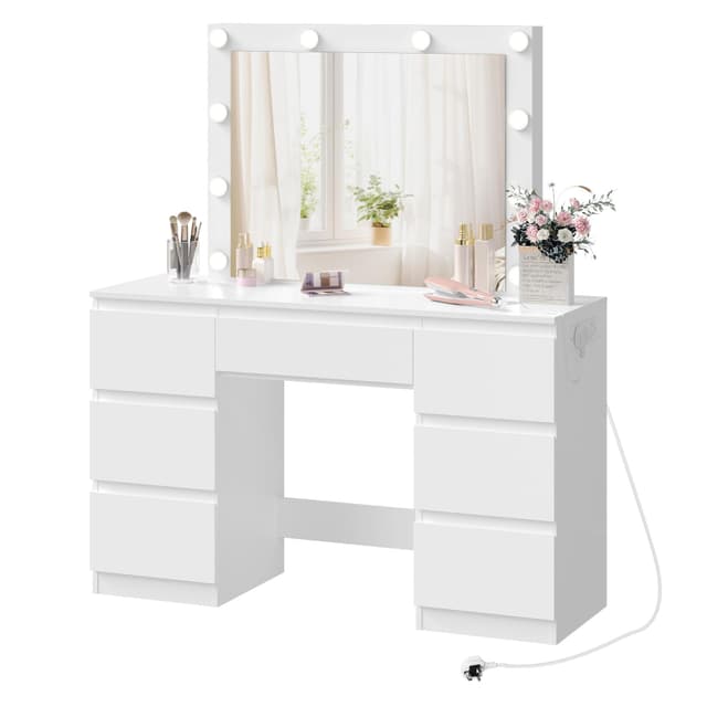 🌟 WOLTU Schminktisch mit LED-Beleuchtung und Steckdose, Weiß, 110x140,5x39,5 cm