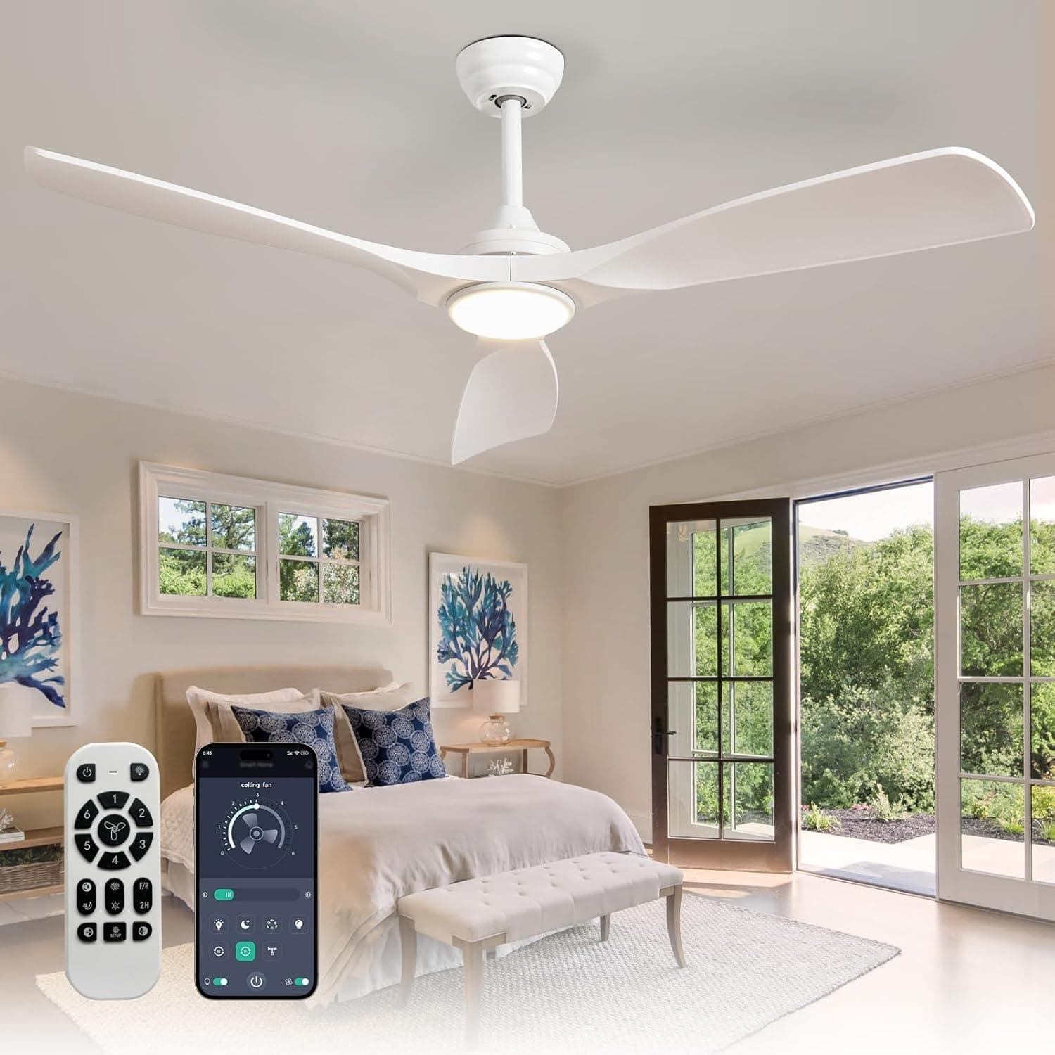 Depuley Leise Deckenventilator mit Beleuchtung für Außen 🌿 LED Lampe mit Ventilator für Garten Terrasse - 132CM Groß Deckenventilator mit Licht und APP für Wohnzimmer Restaurant Büro, Weiß Weiß 52''-Mit Licht