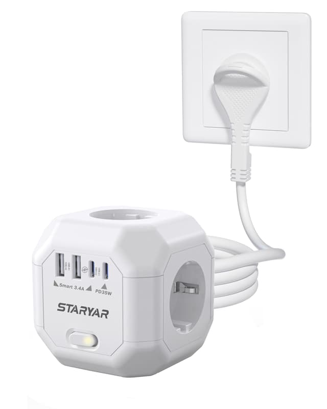 4 Fach Steckdosenwürfel mit USB 4000W - Steckdosenleiste Cube für Büro Weiß