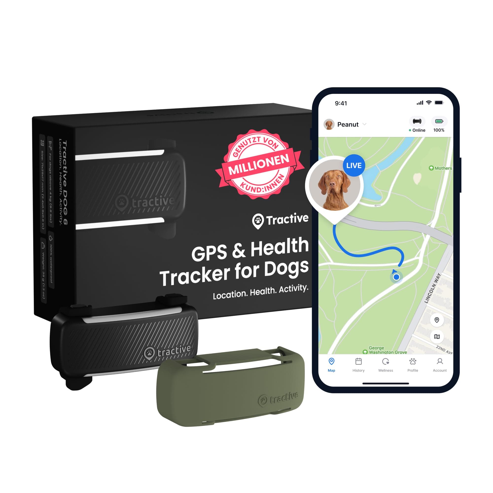Tractive Smarter Hunde GPS Tracker Bundle mit olivgrünem Cover 🐾📡🐶 | Empfohlen von Martin Rütter