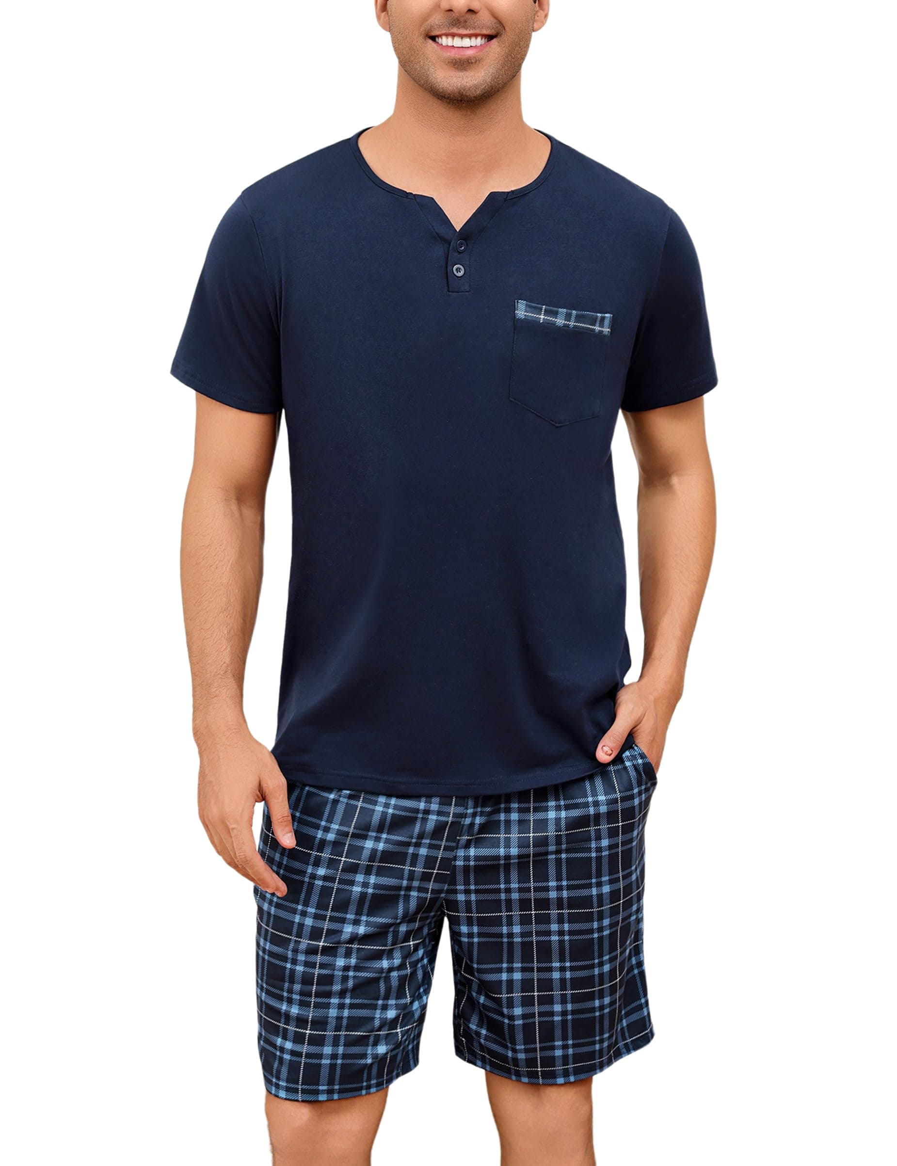 🌜🌟 Herren Pyjama Set - Sommer Nachtwäsche S-3XL XXL Blau Kariert 🌟🌛