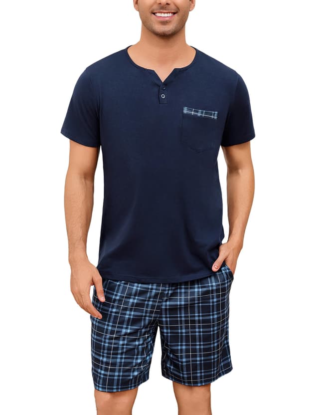 🌜🌟 Herren Pyjama Set - Sommer Nachtwäsche S-3XL XXL Blau Kariert 🌟🌛